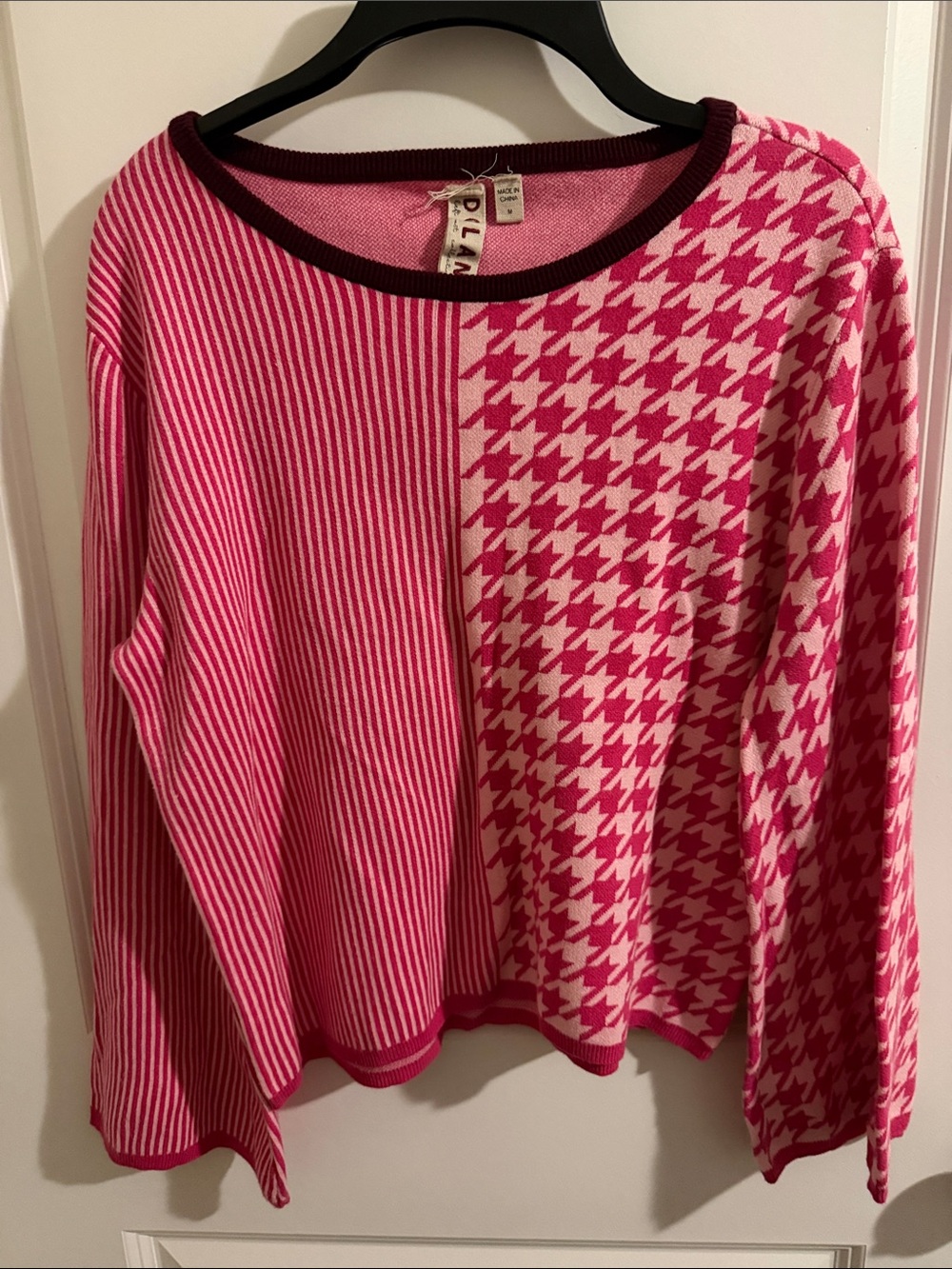 Anthropology Dolan Two-Tone Pink Houndstooth & Stripe Bell Sleeve Sweater